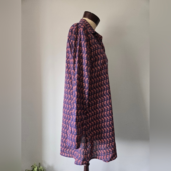 TOMMY BAHAMA Navy Cotton Button-Up Shirt Dress With Peach Palm Treea. Size Large - Picture 4 of 10